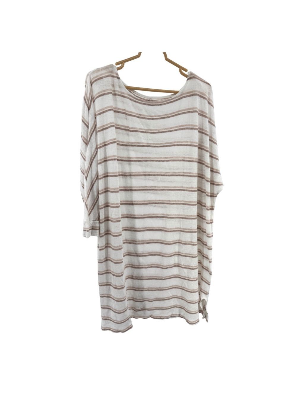 Garnet Hill White and Tan Striped Boatneck Dress neutral 100% organic linen XL